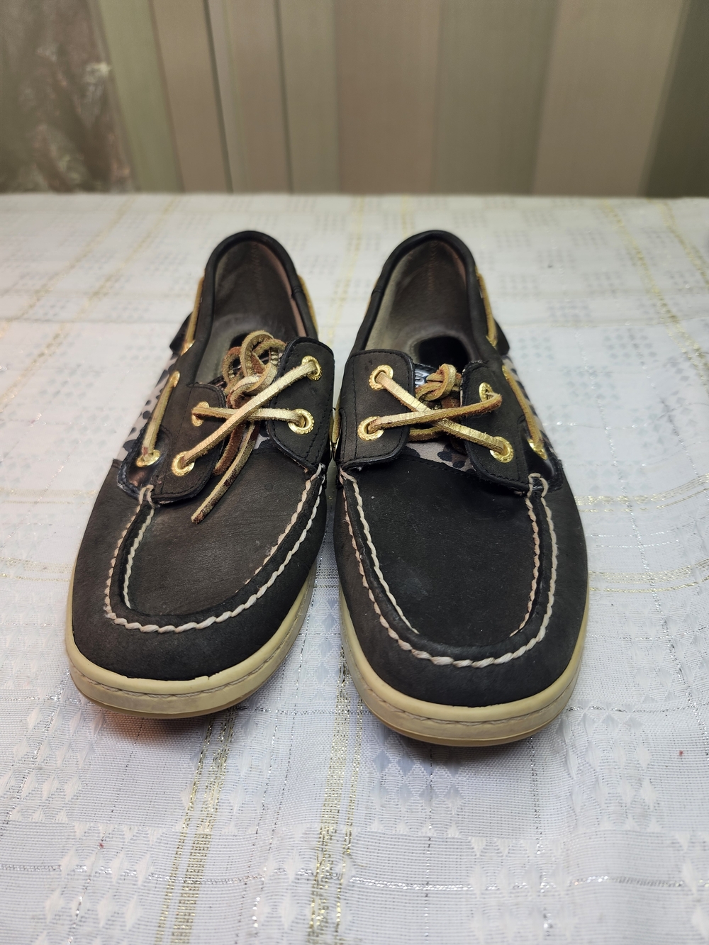 Sperry Black Leather Boat Shoes with Gold Eyelets